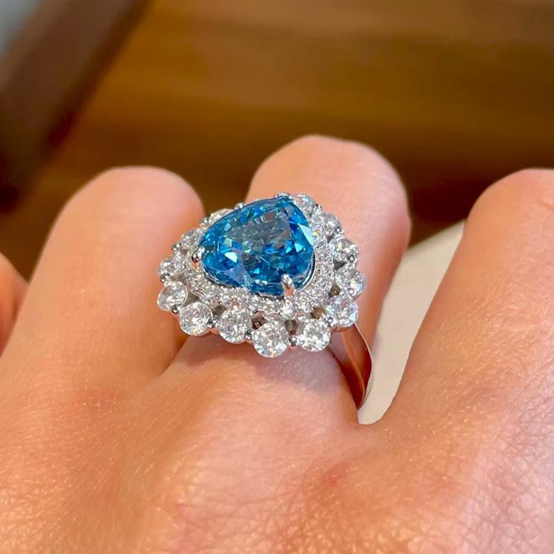 Zhuozhifan Jewelry Кольцо из стерлингового серебра S925 с аквамариновым сердцем и ледяным цветком для женщин