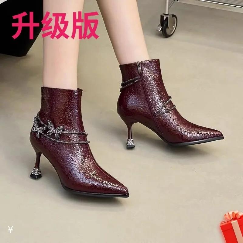 Тонкие каблуки Зимние ботильоны Современные сапоги с острым носком и средним каблуком 2024 Высококачественная женская обувь с бабочкой-узлом Сексуальные женские сапоги