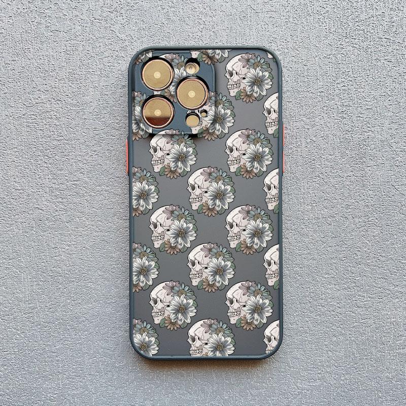 Роскошный чехол для телефона с цветами и черепом для iPhone 15 14 13 12 11 Pro Max 13 12 Mini 8 7 15 14 Plus X XR XS Ударопрочный черный чехол для телефона