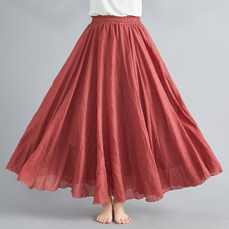 Mori Girl Plus Size Cotton Linen Midi Skirt - Elastic Waist, A-line, Solid Color, Ethnic Style, Long Length