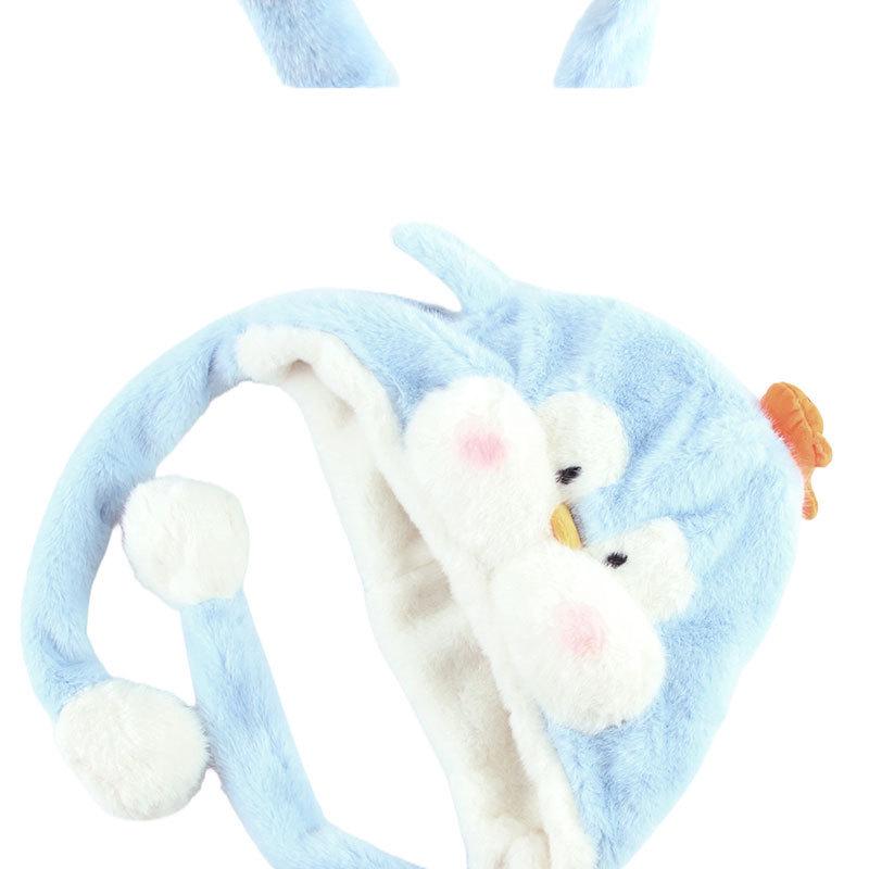Blue-Gray Penguin Ear Moving Earmuffs, Faux Fur, Windproof, Cold-Proof, Cute Winter Hat for Kids.