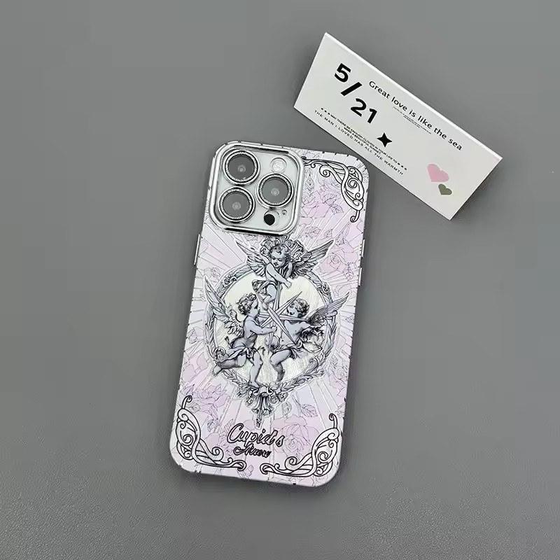 Чехол для телефона Medieval Vintage Cupid Angel для iPhone 16 15 14 13 12 11 Pro Max с перьями и текстурой, твердый чехол