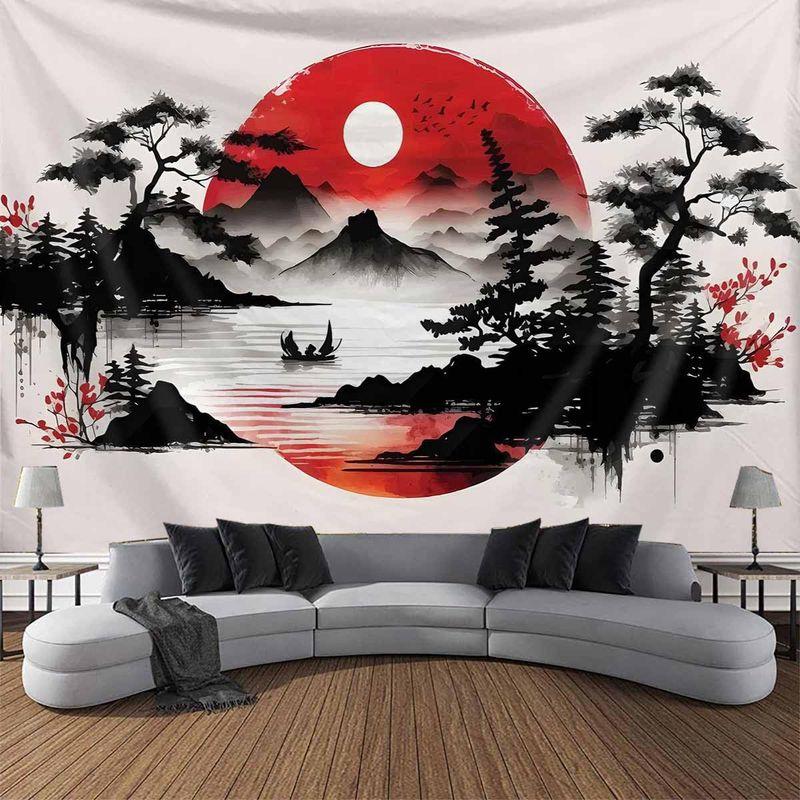 Japanese Ink Mountain Pagoda Tapestry, Oriental Ukiyo-e Zen Wall Hanging for Bedroom Living Room Aesthetic Wall Art