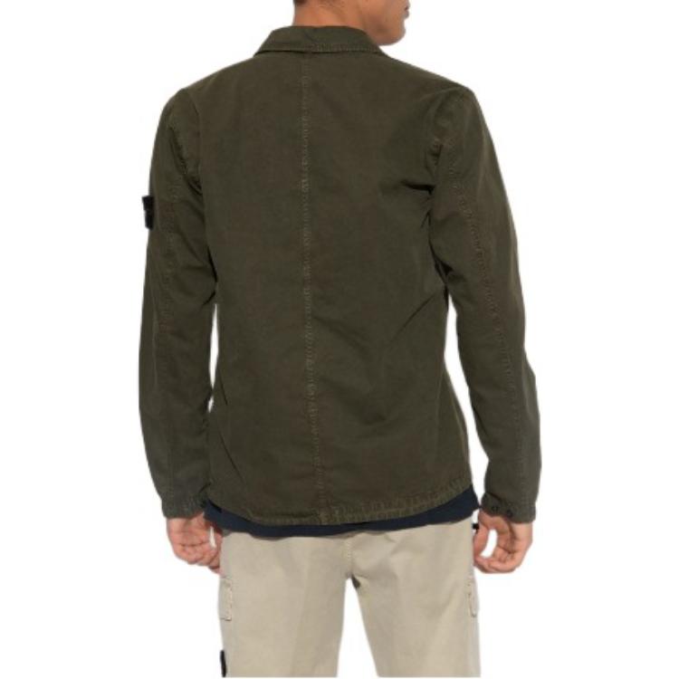 STONE ISLAND FW23 Organic Cotton Washed Vintage Solid Logo Double Pocket Collar Long Sleeve Shirt Jacket Men Jackets Olive-Green 7915102WN-V0158