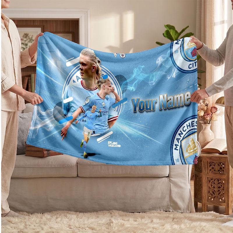 Erling Haaland Personalized Fleece Blanket With Football Logo, Custom Name Text Soft Warm Home Throw Blanket