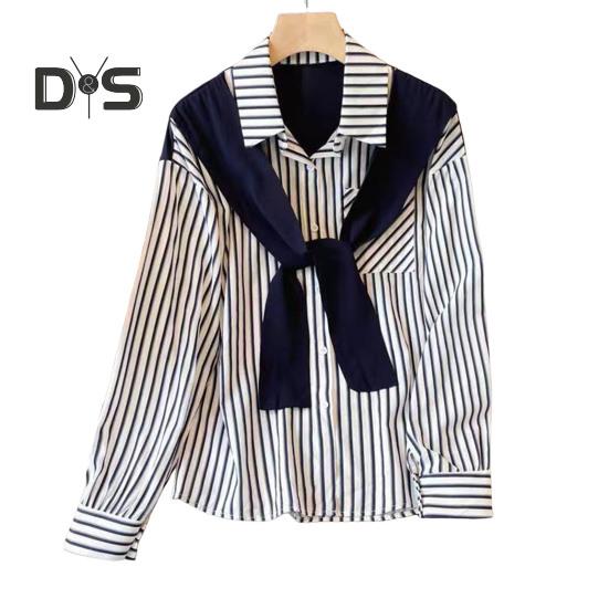Women Shirt Lapel Long Sleeve Vertical Striped Fake Two-Piece Design Shawl Back Shirt Loose Fit Buttons Placket Shirt Tops