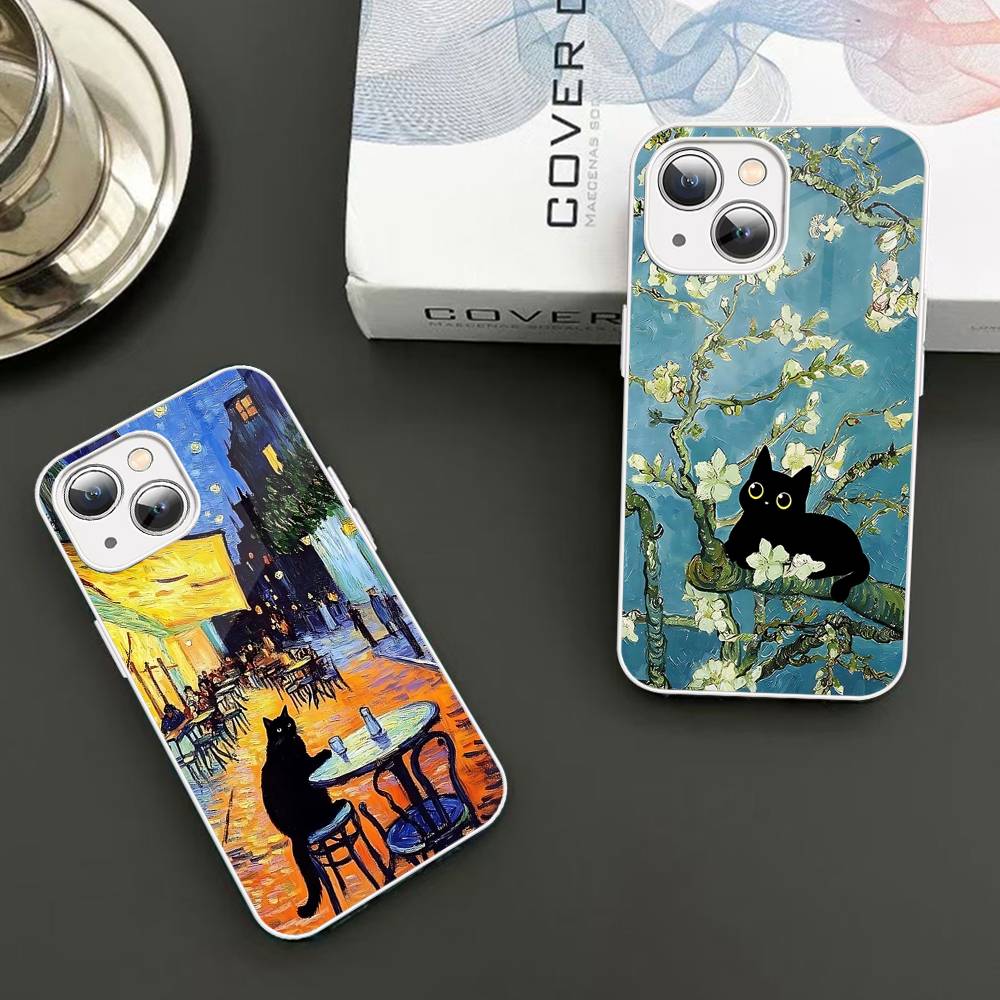 Black Cat Van Gogh Tempered Glass For Iphone 14 13 12 11 Pro Mini XS MAX 14Plus X XS XR Cover