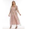 Floral Tulle Plus Size Dresses for Women Round Necked Lace Appliques Dress Summer Mesh Sheer Bling Floral Pleated Dress Commuter Fashion Dresses