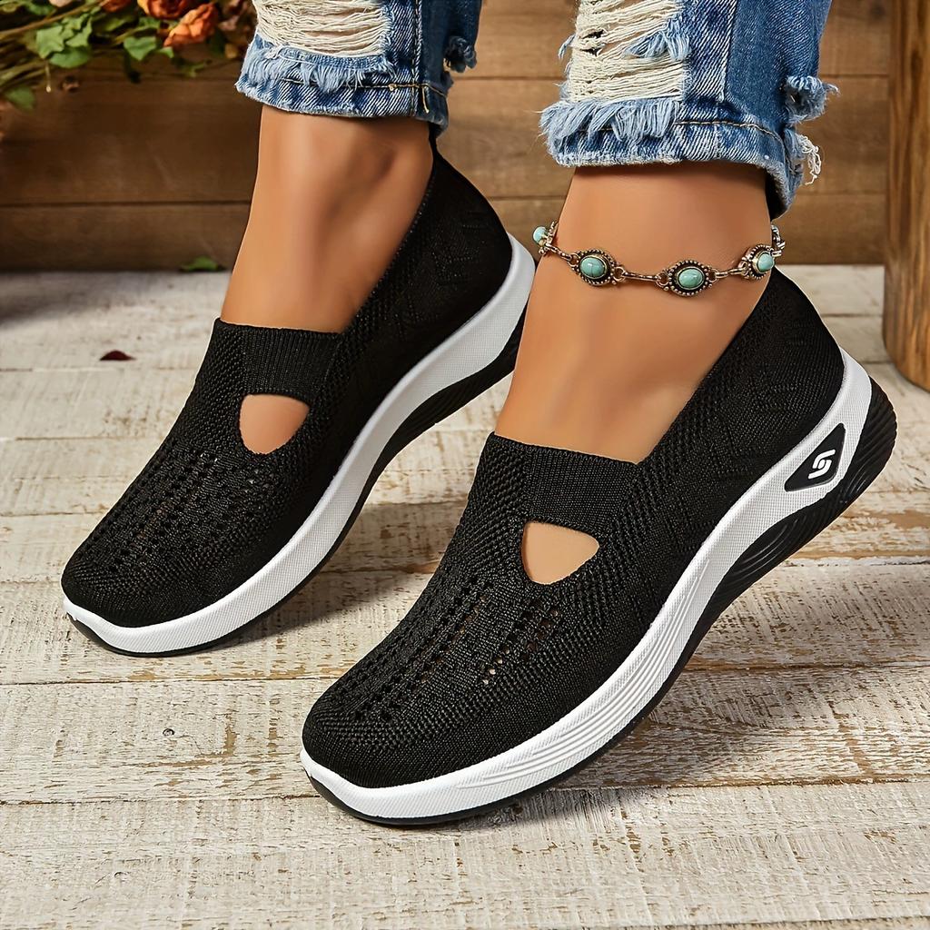 Women's Cut-out Sneakers Casual Breathable Slip On Walking Shoes Lightweight Outdoor Flat Shoes
