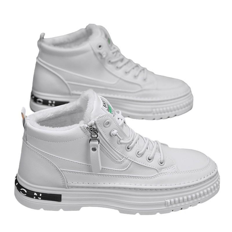 Мужские кроссовки с высоким верхом, зимние бархатные утолщенные теплые хлопковые туфли, рабочие, спортивные, для отдыха, кожаная поверхность, средняя высота, водонепроницаемые кеды