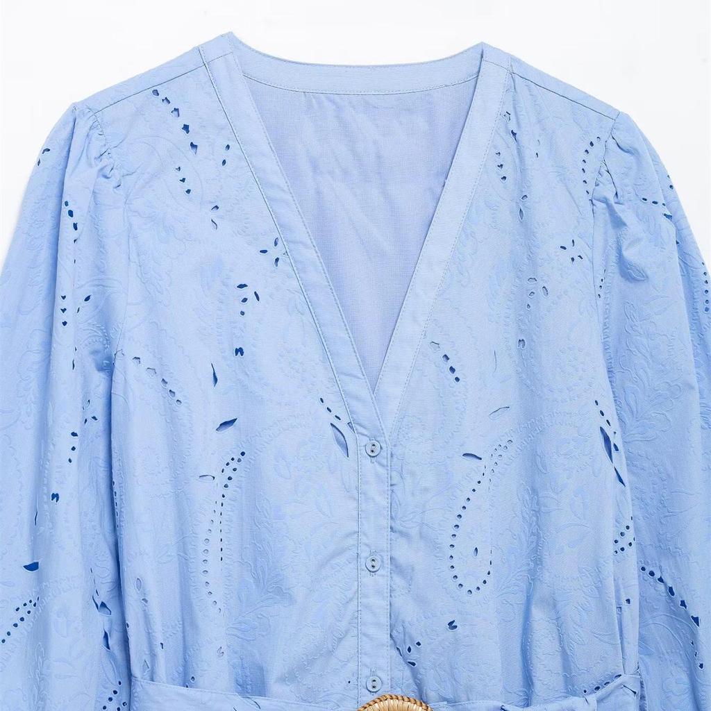 2025 Spring Women's V-Neck Single-Breasted Slim Fit Puff Sleeve Short Dress