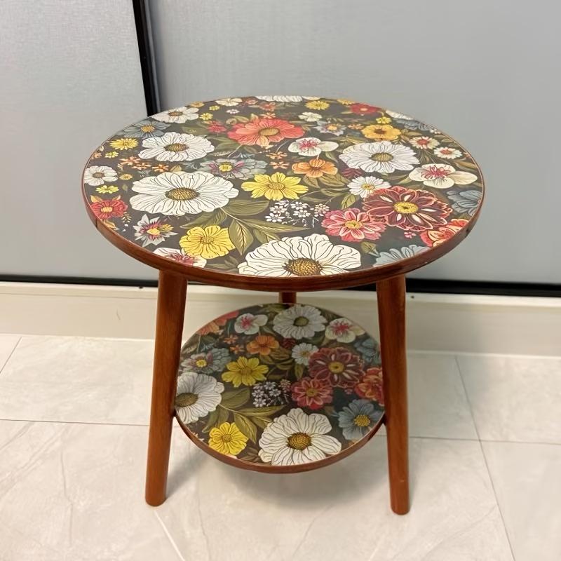 2-Tier Mandalala Floral Pattern Side Table Round Coffee Table with Vibrant Flower Design for Living Room Bedroom Side Table