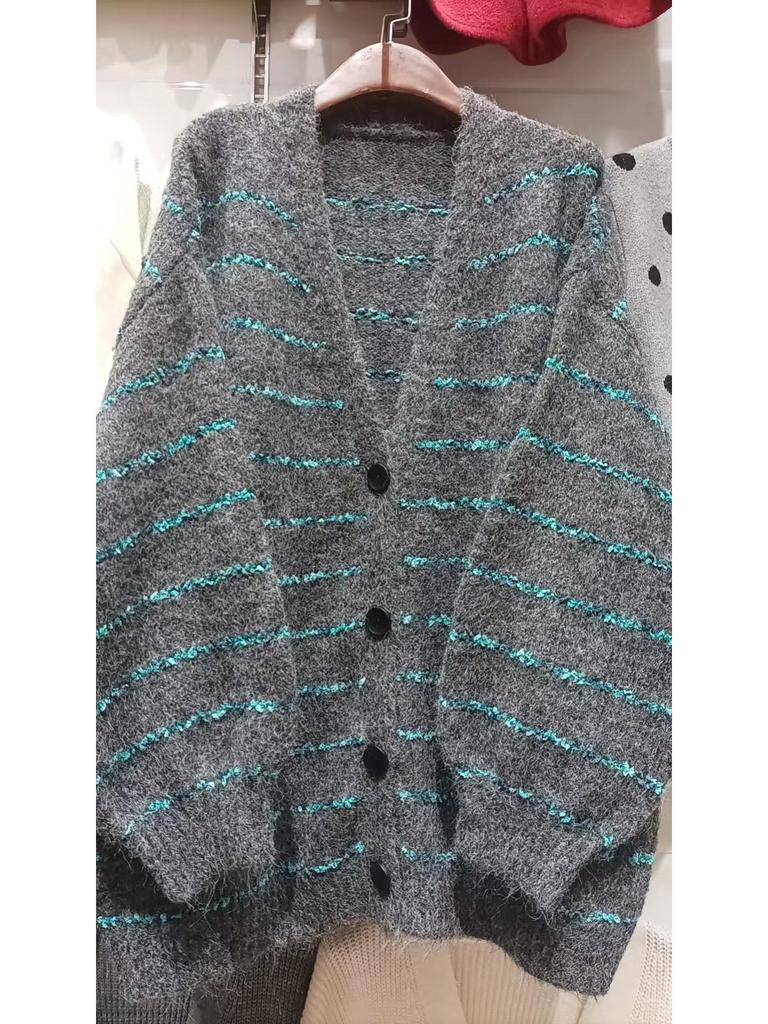 Вязаный кардиган в ретро-стиле, свободного кроя в полоску, осень-зима 2025 - Женский свитер-пальто в ленивом стиле