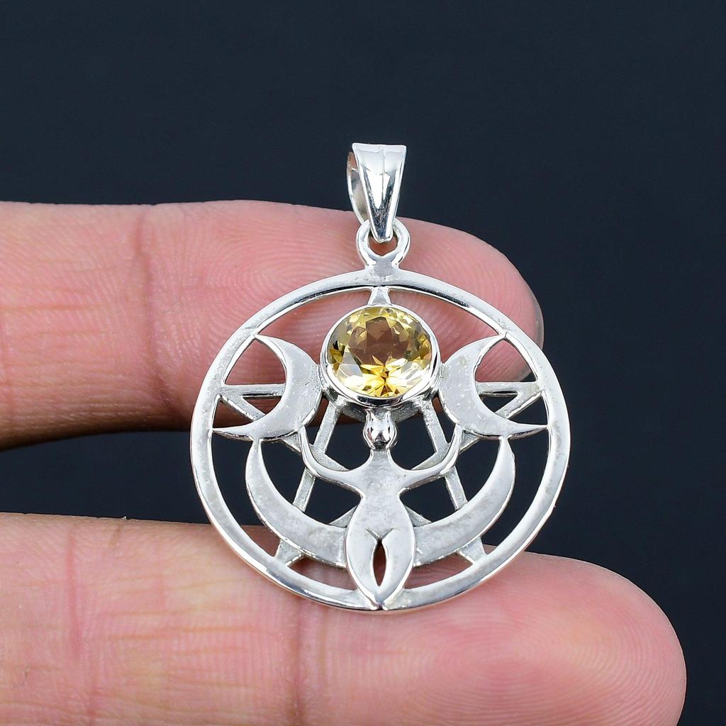 Подвеска из натурального цитрина, серебро 925 пробы, тройная богиня луны, кельтская пентаграмма, пентакль, подвеска ручной работы, подарок на День святого Валентина
