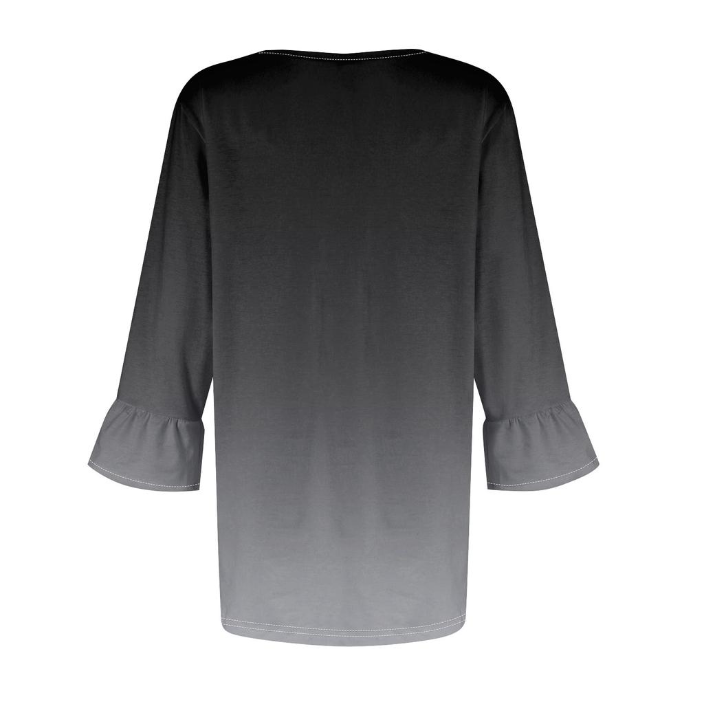 Women's 3/4 Bell Sleeve Tops O-Neck Summer Pleated Shirts Trendy Dressy Casual Loose Fit Tunic Blouses