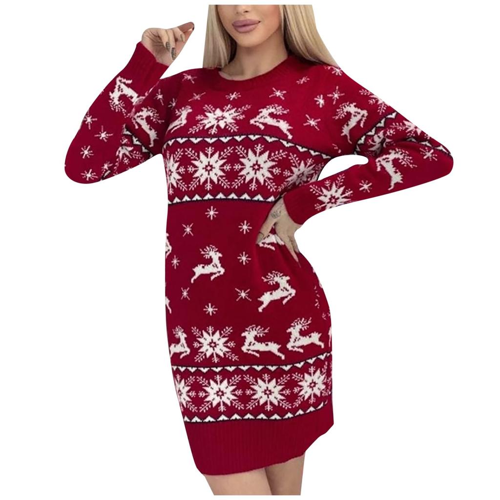 (Great home)Women's Autumn And Winter Slim Elk Christmas Tree Long-sleeved Dress