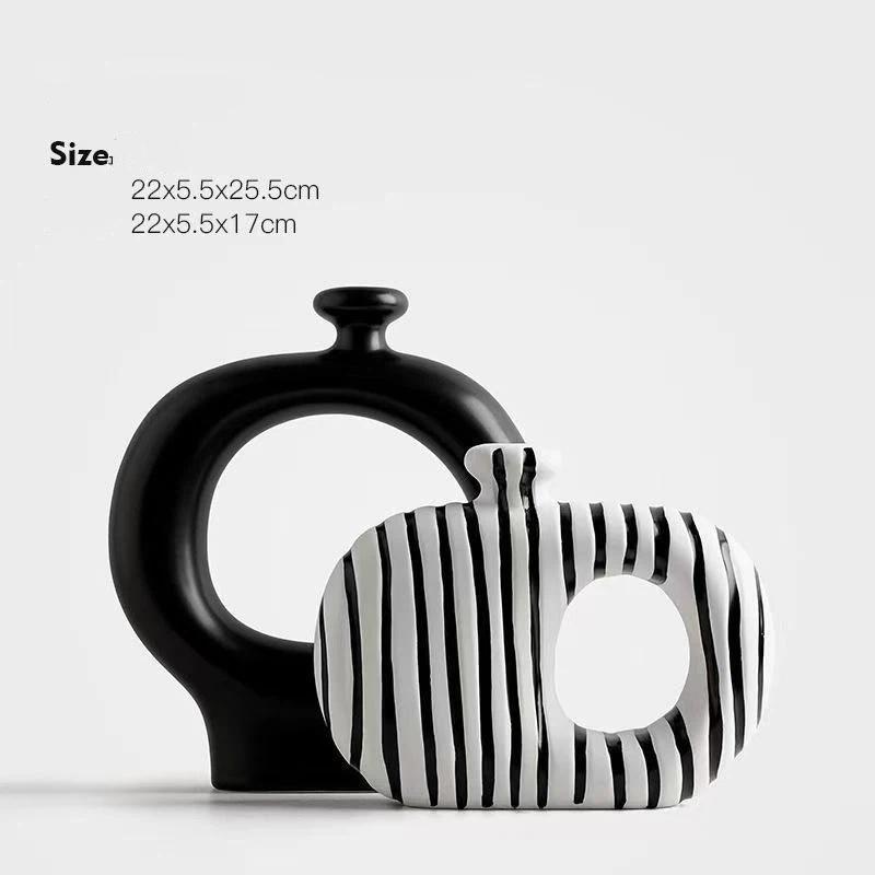2PCS/Set Creative Modern Black and White Striped Ceramic Vase, Irregular Decorative Flower Vase for Home Decor