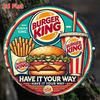D Flat D Flat Round Vintage Burger King Metal Tin Sign Retro Wall Decor with Iconic Burger Fries Drink Design Waterpro