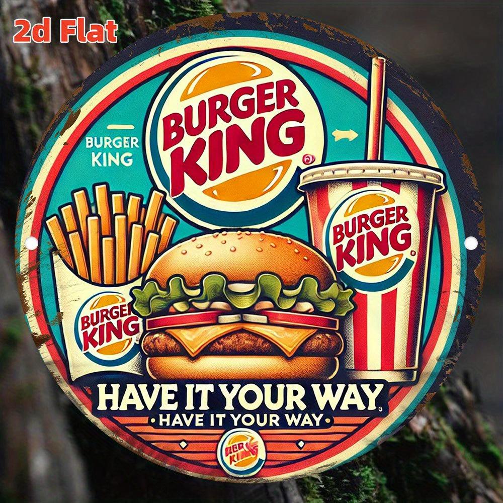 D Flat D Flat Round Vintage Burger King Metal Tin Sign Retro Wall Decor with Iconic Burger Fries Drink Design Waterpro