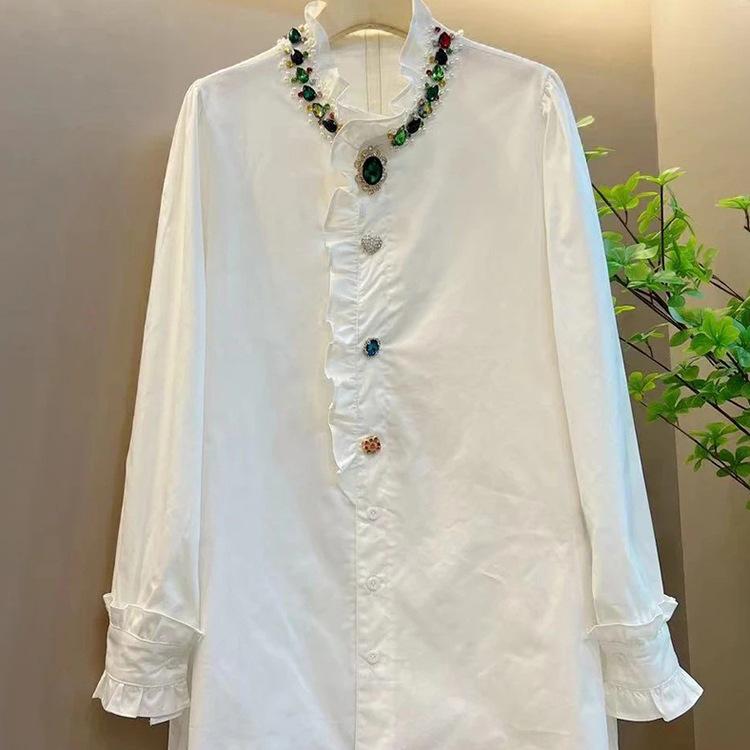 Женская рубашка больших размеров с длинным рукавом, воротником-стойкой и отделкой хотфикс - Зрелый стиль, Однотонная, Универсальный топ