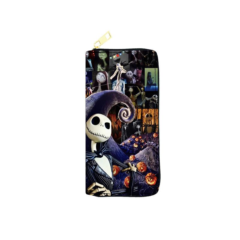 Nightmare Before Christmas PU Leather Long Zip Wallet for Women, Single Zipper Clutch Bag, Makeup Pouch, Jack Skellington Print, Black 3pcs
