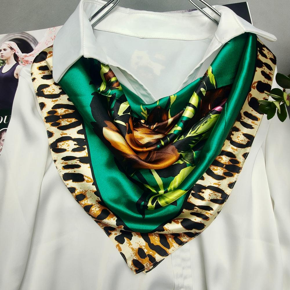 Women's Green Silk Scarf Head Wrap Spring Autumn Chinese Style Peony Floral Fashion Leopard Print Square Scarves Shawl For Winte