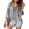 Women Tops V-Neck Embroidery Lace Trim Lace-up Long Sleeve Pullover Tops Solid Color Loose Fit Casual Style Shirt