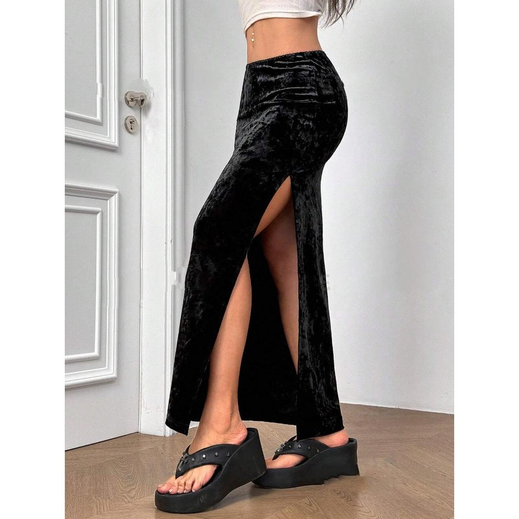 High Waisted Gold Velvet Slit Sexy Half Women's Skirts