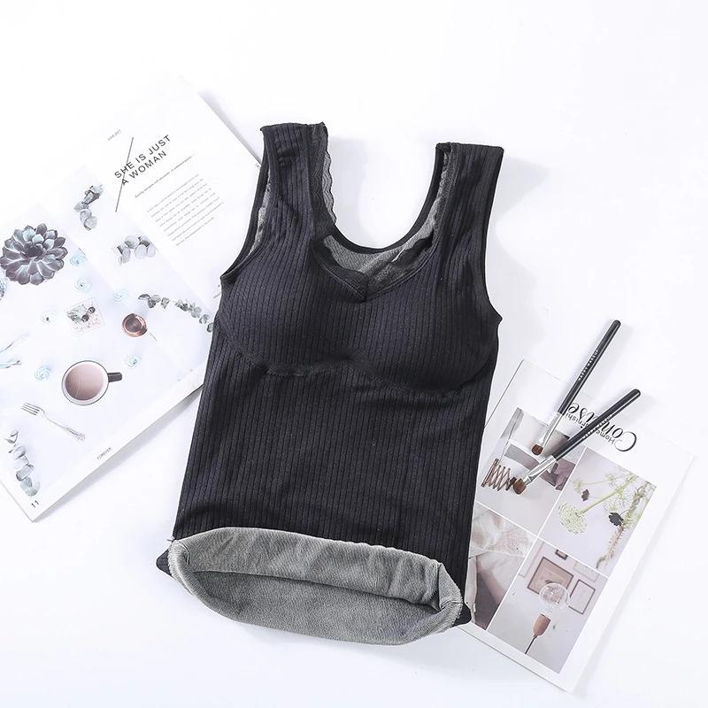 Сексуальная зимняя одежда, терможилет с подкладкой, женское бархатное теплое термобелье, тонкая бесшовная кружевная майка без рукавов с v-образным вырезом