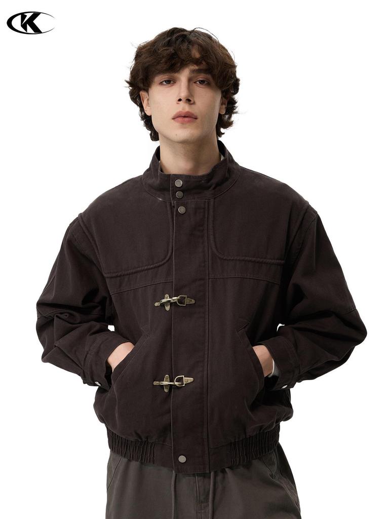 Унисекс Ретро Темно-коричневая куртка с авиационной пряжкой 11KN: Стирка, Потертый, Верхняя одежда с коротким воротником-стойкой