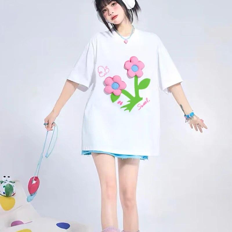 Летняя женская футболка с 3D цветочным дизайном, милая женская футболка с забавным принтом, свободная футболка с короткими рукавами и круглым вырезом