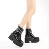 Leather Women Modern Boots Gothic Style Metal Bat Dark Black Platform Mid Calf Boots Chunky Heels Sexy Fashion High Heels