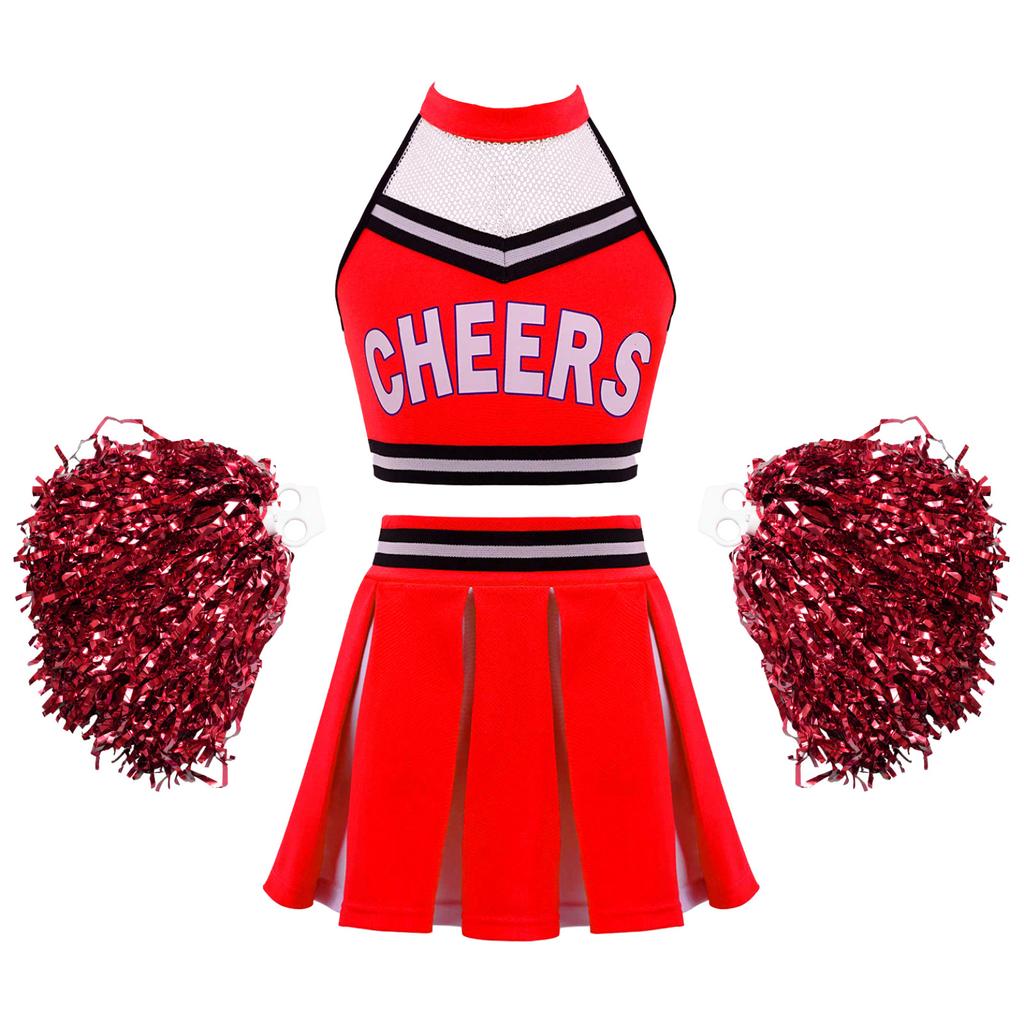 School Girls Costume Cheerleading Uniform Crop Vest Tops Pleated Skirt for Student Cosplay Party