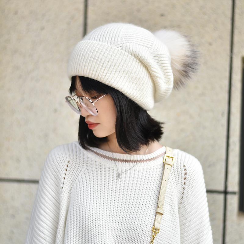 Winter Women Fur Pom Pom Knitted Beanie Hats Warm Wool Cashmere Beanie Bobble Hat Factory