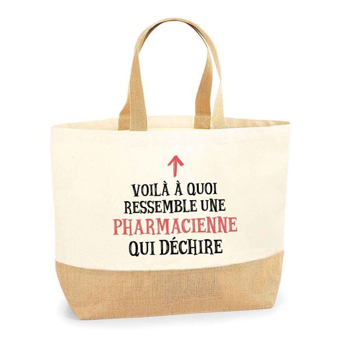 Tote bag / cabas de plage - PLANETEE - Pharmacienne Qui Déchire Femme - Jute naturel - Multicolore - Fabriqué en France