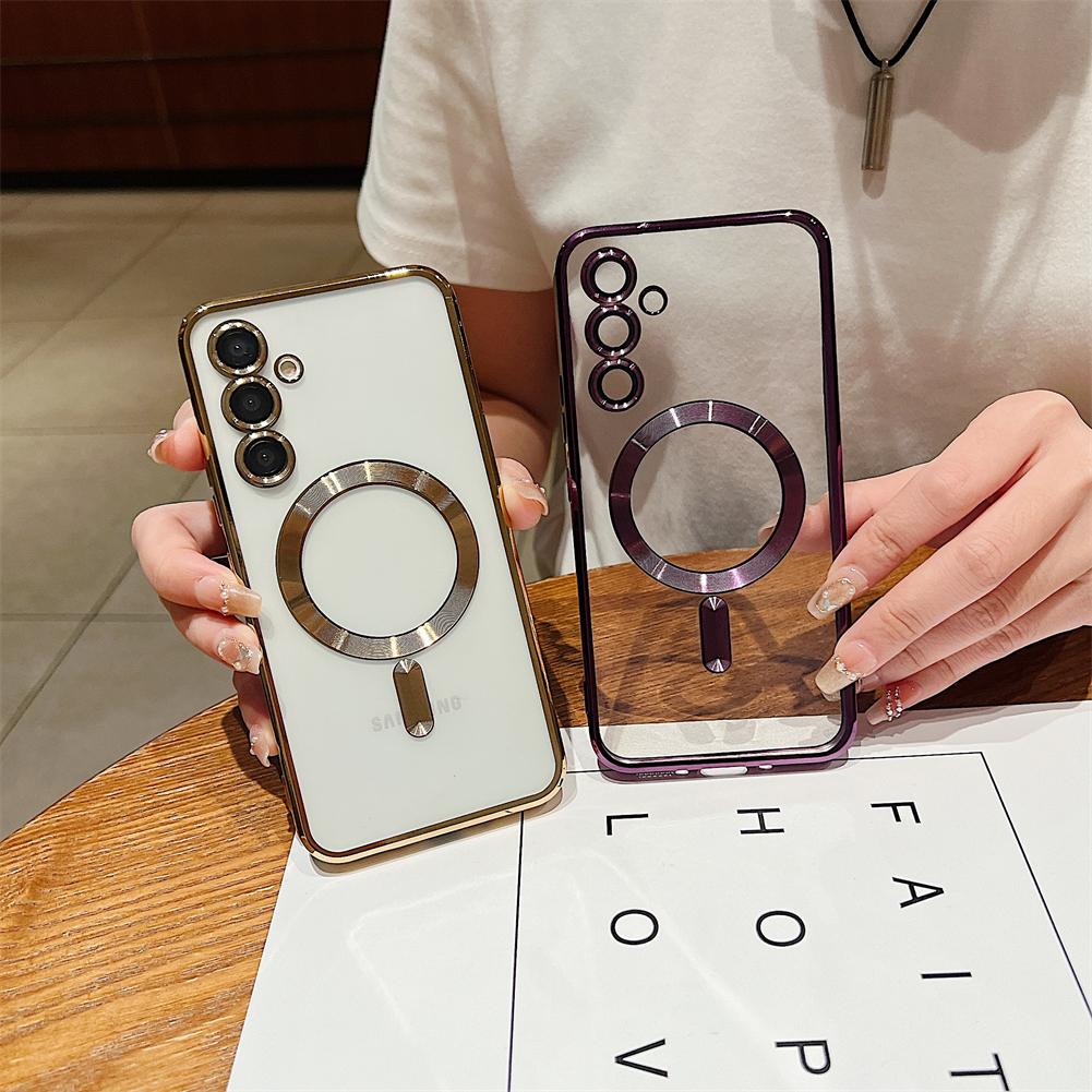 Роскошный прозрачный силиконовый чехол с гальваническим покрытием для телефонов Galaxy A56 A55 A14 A24 A34 A35 Чехол с магнитной защитой объектива Задняя крышка Чехлы для A54