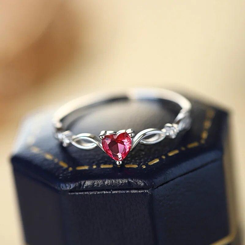 Модное парное кольцо с четырьмя зубцами в форме сердца с рубином и полным бриллиантом для женщин, стерлинговое серебро, рождественский подарок, ювелирные изделия, кольца из стерлингового серебра 925 пробы для женщин