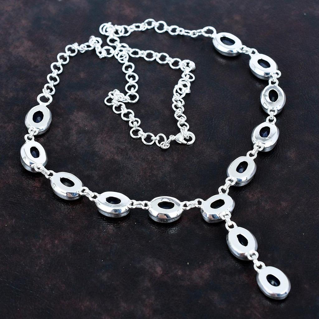 Ожерелье с граненым синим сапфиром, драгоценный камень, ручная работа, ожерелье с камнем, ювелирное украшение из стерлингового серебра 925 пробы, регулируемая цепочка, подарки для матери