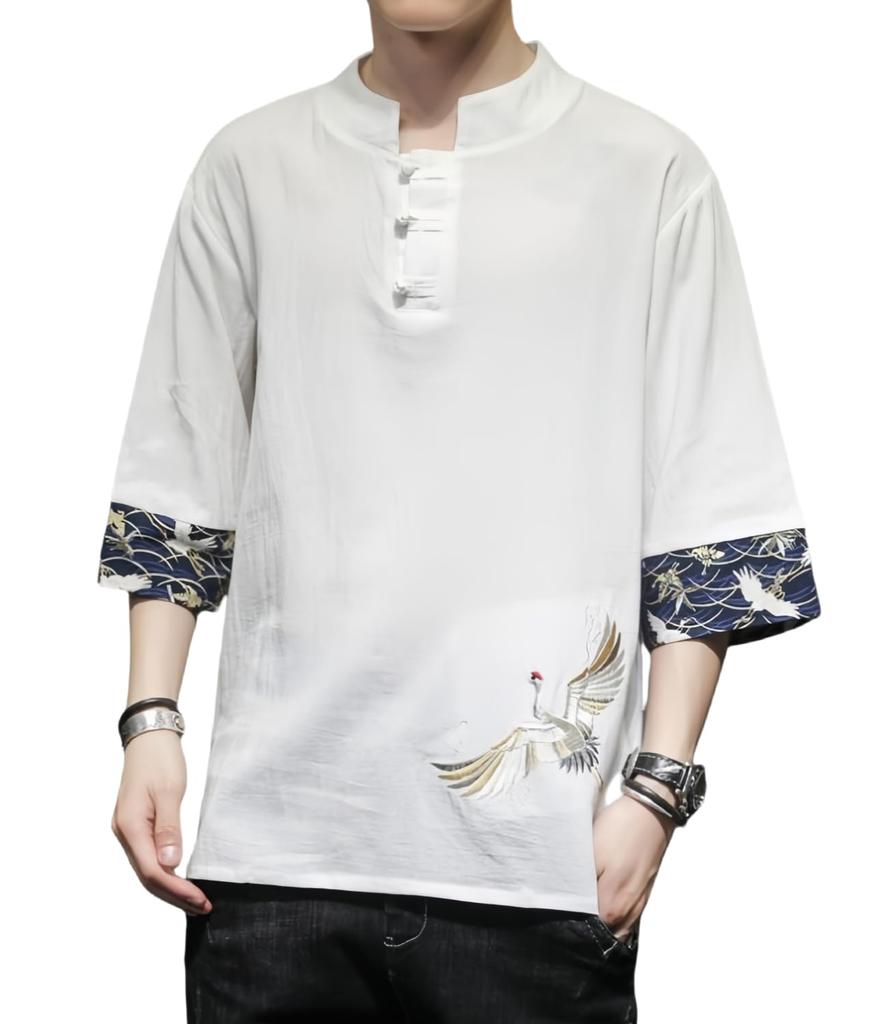 Warmcool Summer Linen Short Japanese Plus Sizes Loose Solid Top Men's T-Shirt, Sleeve, Cotton-Linen, Style, Embroidered, Cooling, 3/4 Sleeve,