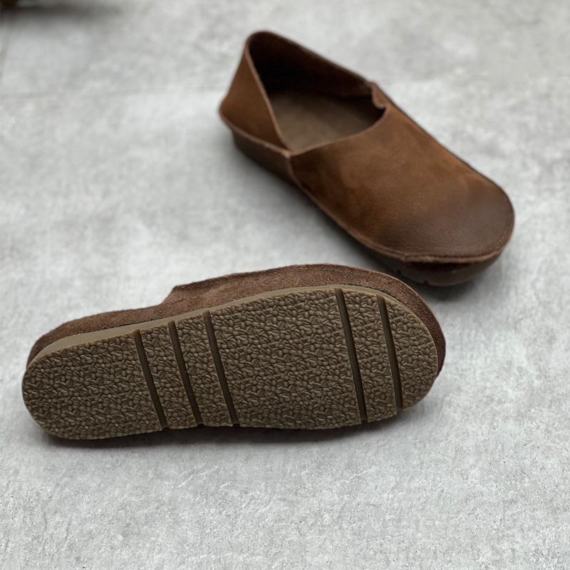 Retro Women Genuine Leather Shallow Flats Shoes Handmade Soft Sole Casual Round Toe Solid Color Loafers