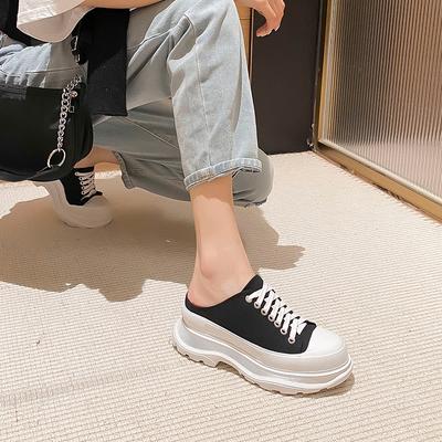 Версия из овчины~ весенне-летние баотоу полушлепанцы женские носят на толстой подошве с внутренней высотой холщовые туфли интернет-знаменитость взрывной белый