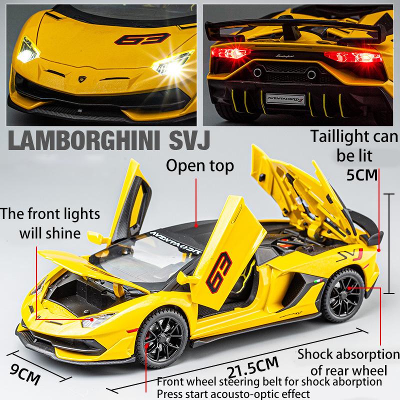 1/24 Scale Lambo Aventador SVJ63 Diecast Car Model Toy, Pull Back Toy Vehicle with Sound and Light for Kids Toddler Boys Girls Gift Collection