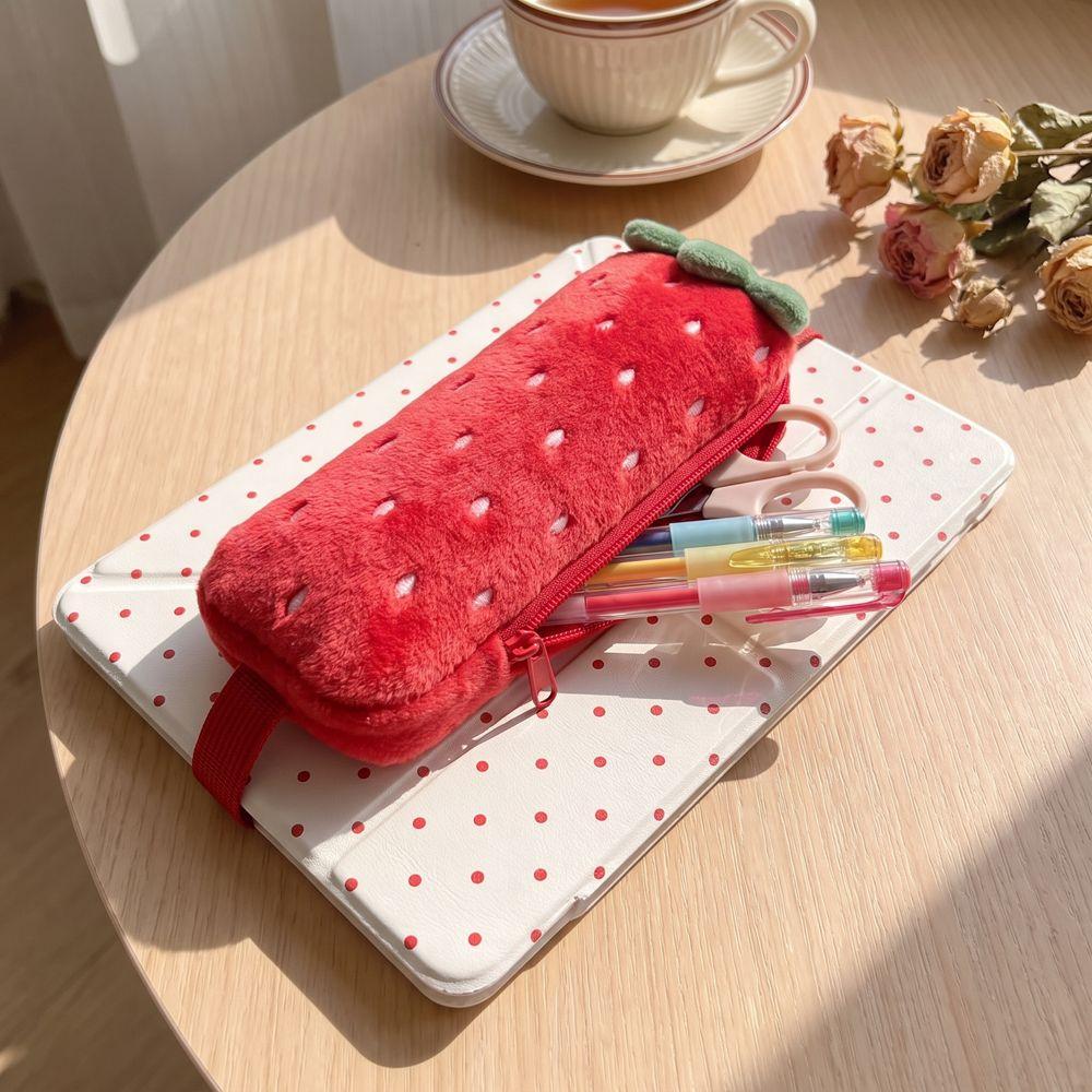 Printed Pencil Storage Bag Large Capacity Pen Organizer Plush Strawberry Pencil Case Children