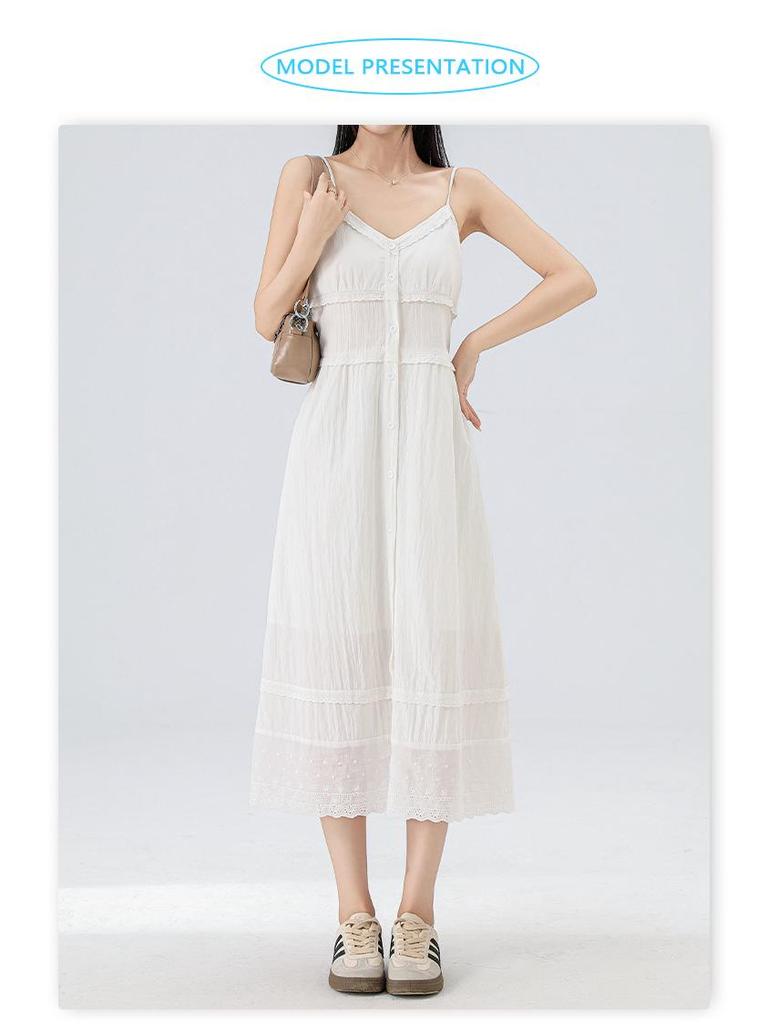 Женское белое летнее платье на подтяжках во французском стиле, новый стиль 2025 года, средней длины, универсальное, простое и элегантное.