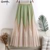 Women's High Waist Pleated Skirt Patchwork Gauze Mesh Midi Skirt Green Print A-line Skirts
