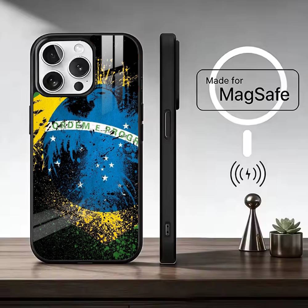 Бразилия F-Флаг Футбол Поддержка Для Чехла Телефона Magsafe для Серии iPhone 17 16 15 14 13 12 11 Беспроводная Зарядка