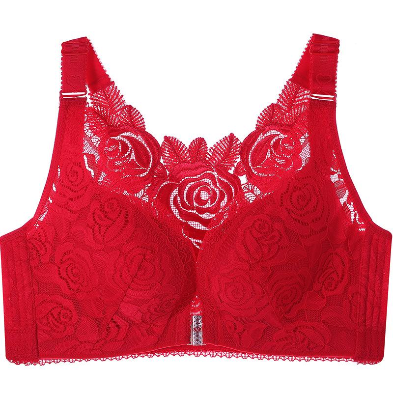 Gathered Adjustable Wire-Free Front-Hook Plus Size Bra with Large Cup and Rose Beautiful Back Lace Sexy Lingerie