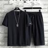 Men's Summer Ice Silk Two-Piece Set: Short-Sleeve Shirt and Cropped Pants, Loose Fit, Casual Sports Style, Large Size Available.