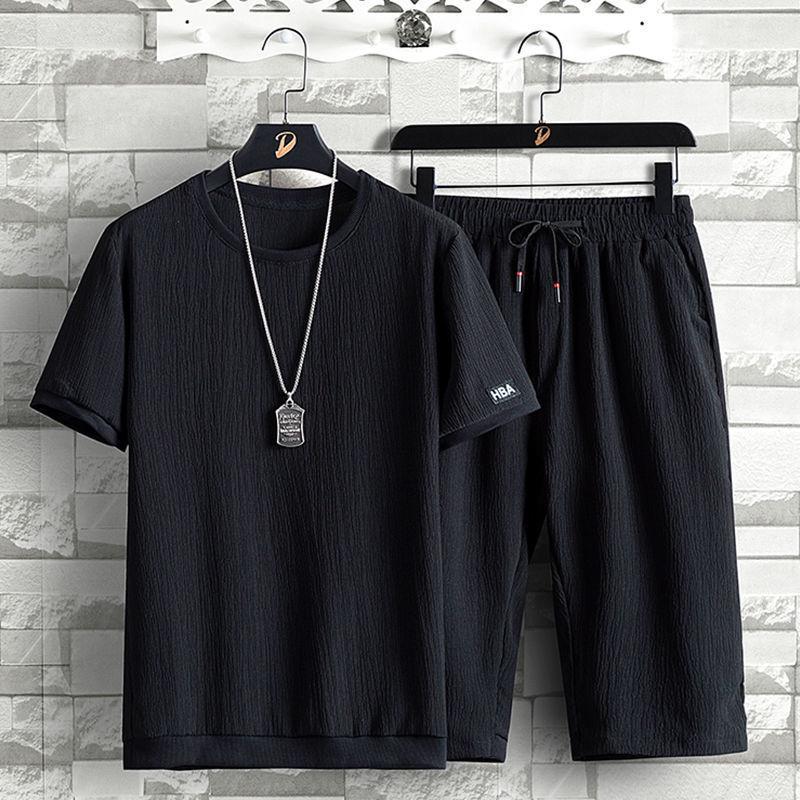 Men's Summer Ice Silk Two-Piece Set: Short-Sleeve Shirt and Cropped Pants, Loose Fit, Casual Sports Style, Large Size Available.