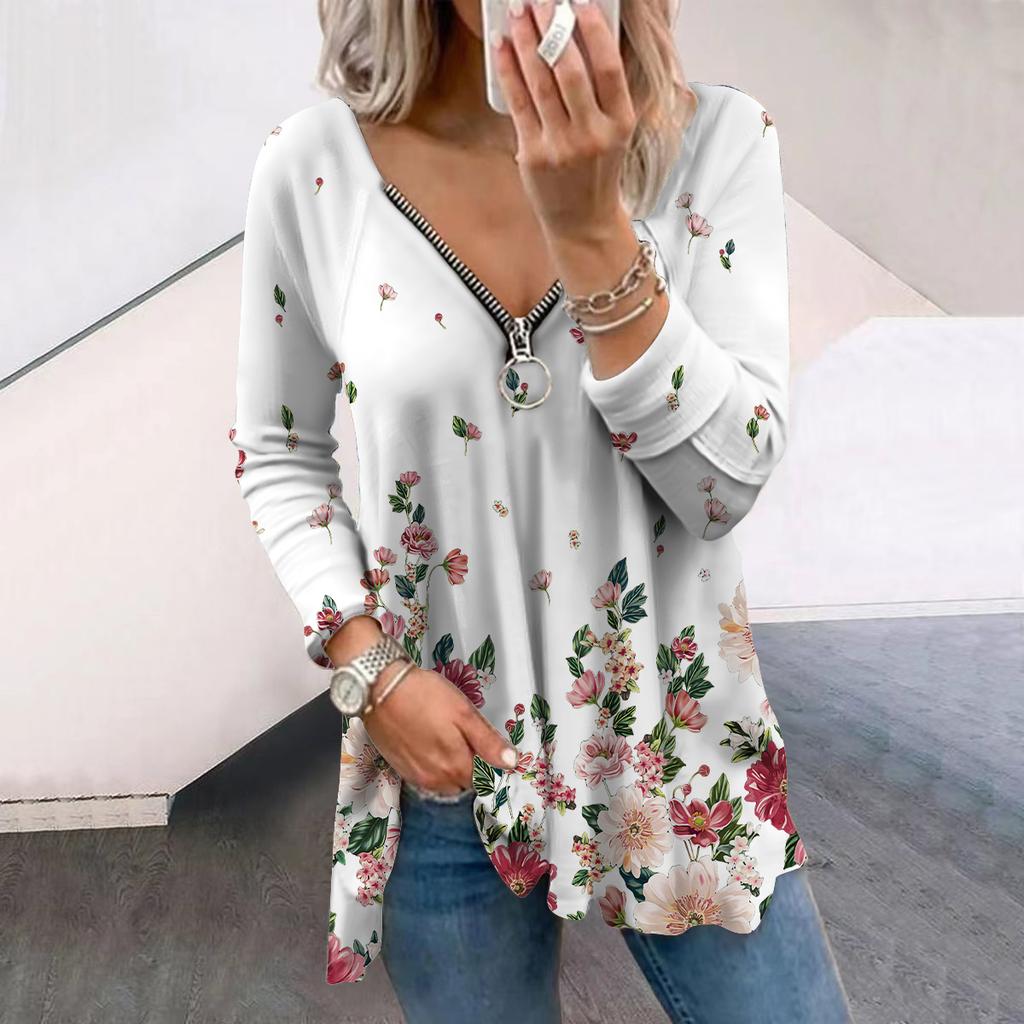 Женские осенние футболки с длинными рукавами с цветочным принтом и белыми цветами, свободные футболки с v-образным вырезом, большие размеры, топы, удобная блузка